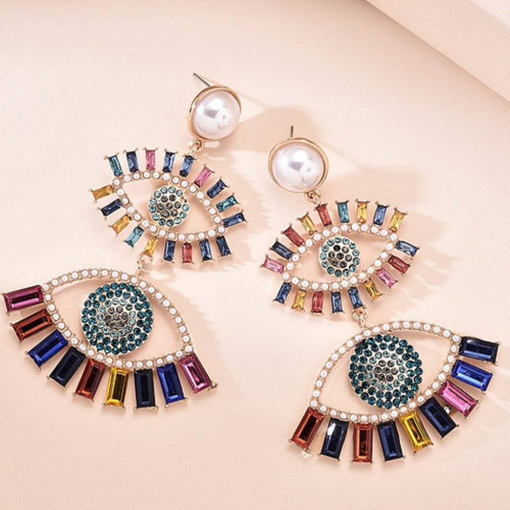 Large Rhinestone and Pearl Eye Dangle Earrings RAINBOW STATEMENT PARTY BOHO - Picture 2 of 3